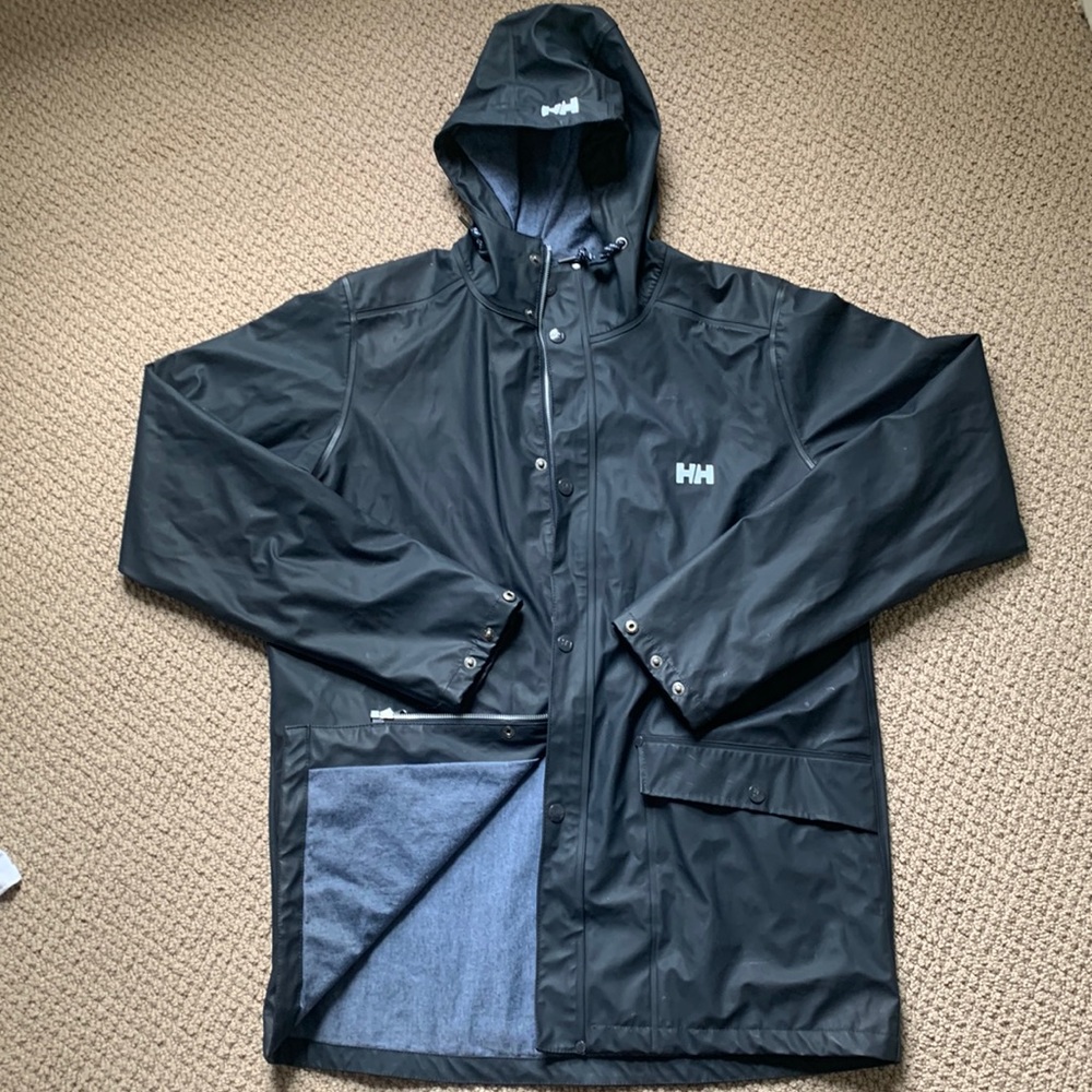 Navy blue Helly Hansen rain jacket